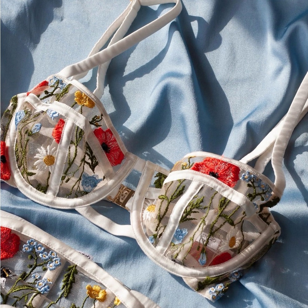 Embroidered Floral Bra - White with Multicolor Accents